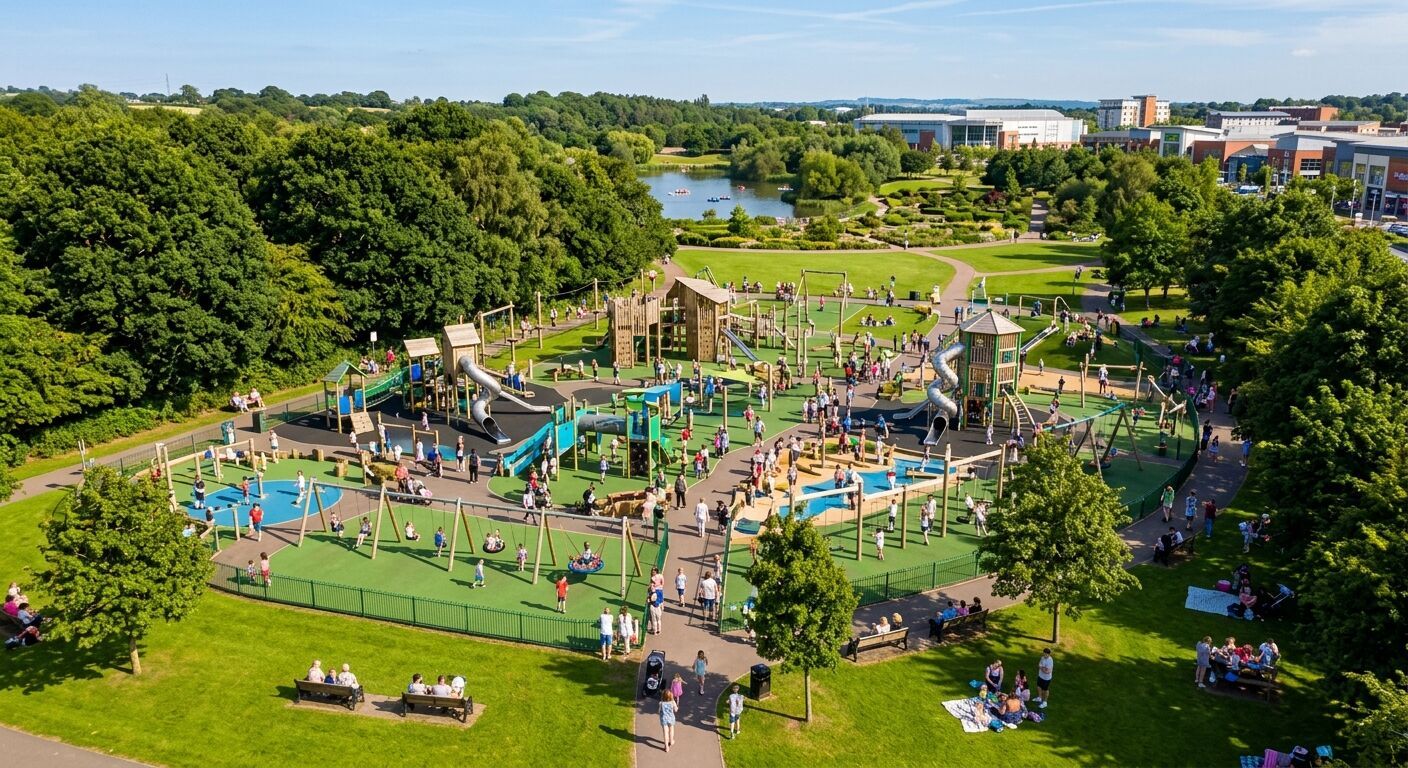 Vibrant aerial view of Telford Town Park's bustling play area