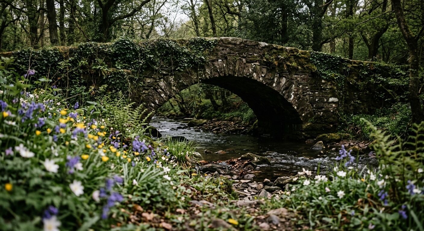 A close-up, ground-level perspective of a historical stone bridge in Telford Town Park, partially covered in ivy, with a stream flowing underneath. Soft focus on blooming wildflowers in the foreground, moody lighting, and a sense of timelessness. Detailed texture.
