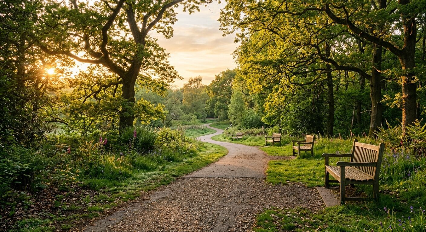 A serene, winding pathway through Telford Town Park at golden hour, dappled sunlight filtering through mature oak trees onto lush green grass. Empty benches invite contemplation, evoking peaceful solitude and natural beauty.