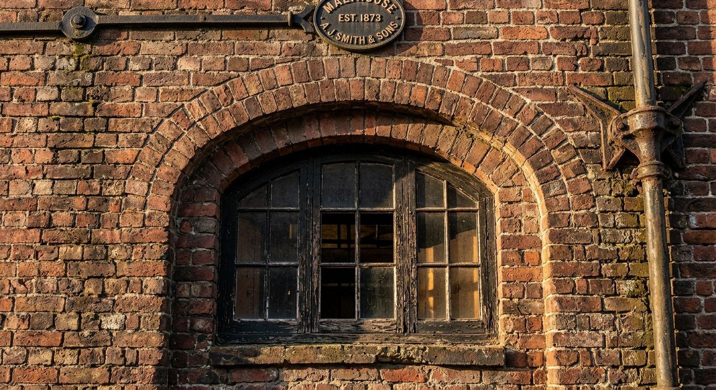 Close-up detail of the Malthouse's weathered brick facade and arched window, showcasing intricate textures, shadows, and hints of industrial heritage, golden hour lighting, high-resolution, sharp focus.