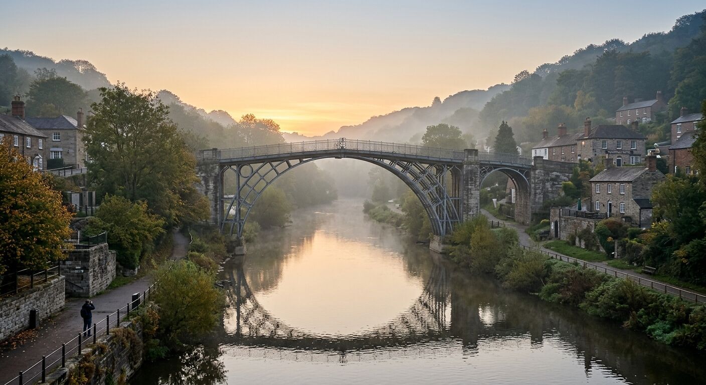 A professional shot of the iconic Iron Bridge at dawn