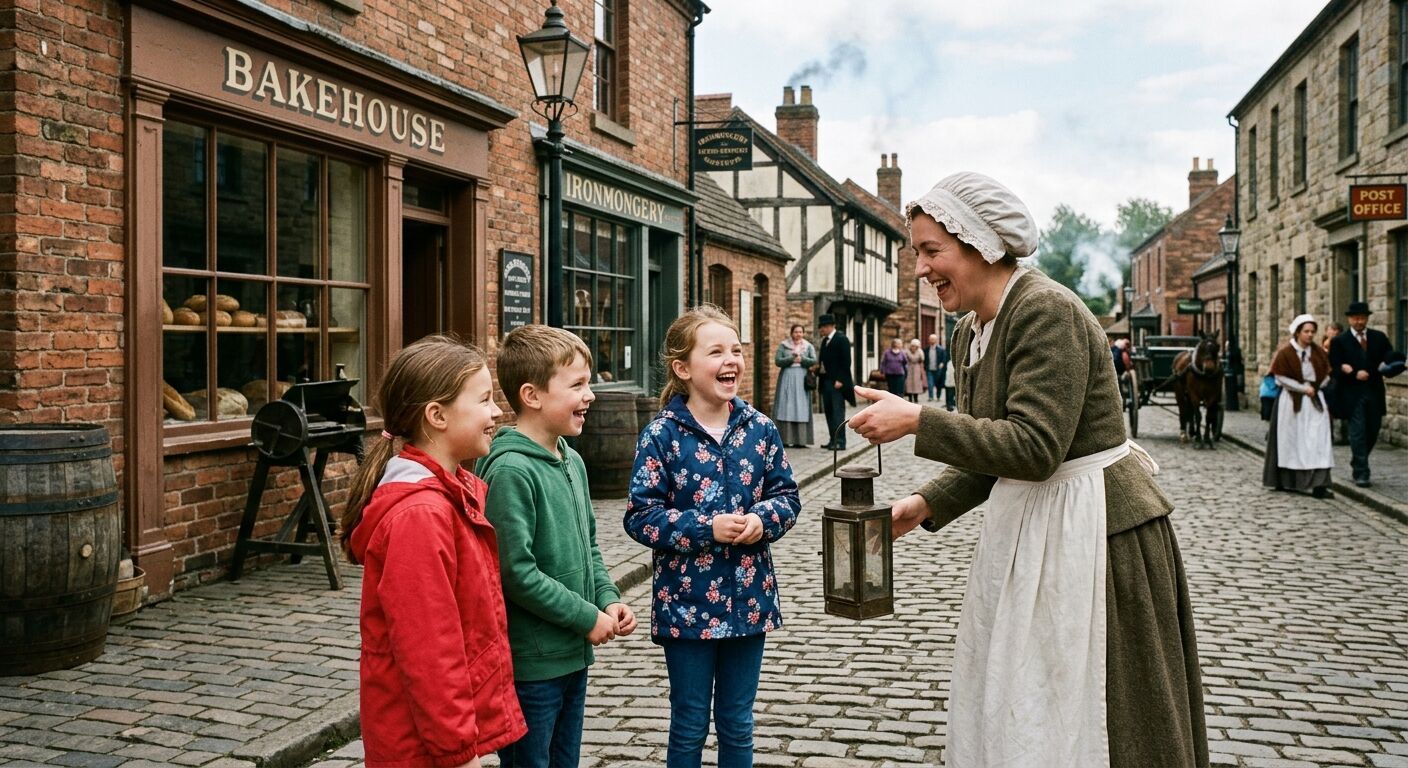 Children laughing as they explore Blists Hill Victorian Town, interacting with costumed interpreters amidst authentic 19th-century buildings, capturing a fun and educational Telford experience.