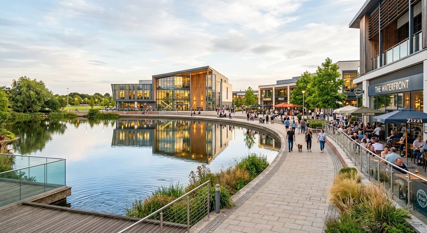 An inviting, professional shot of the tranquil Southwater area in Telford, showcasing modern architecture reflected in the lake.