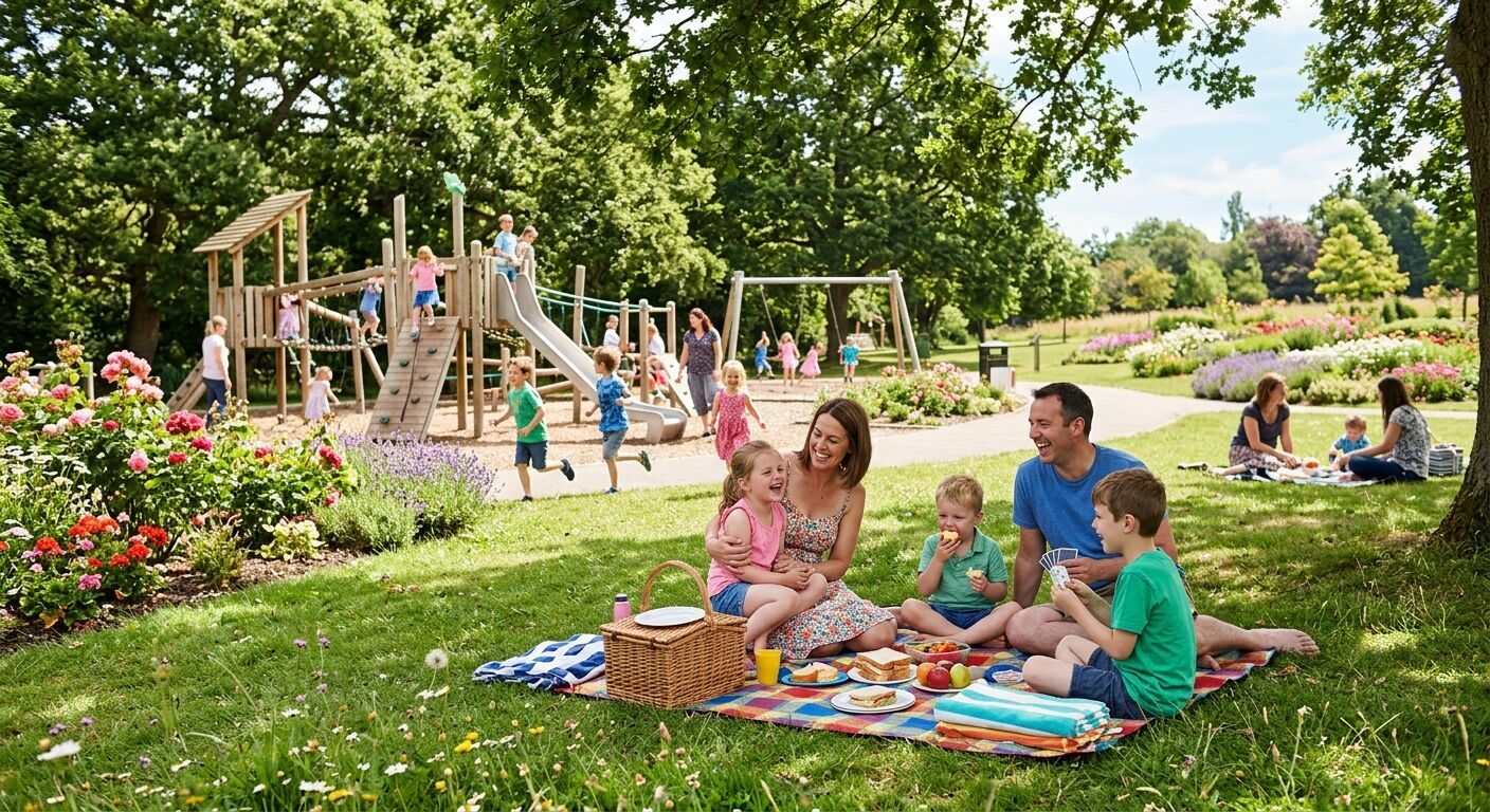 Families enjoying a sunny afternoon picnic in Telford Town Park, children playing near a modern playground. Focus on happy interactions, vibrant colors of summer flowers, and dappled sunlight filtering through mature oak trees. High detail, natural.