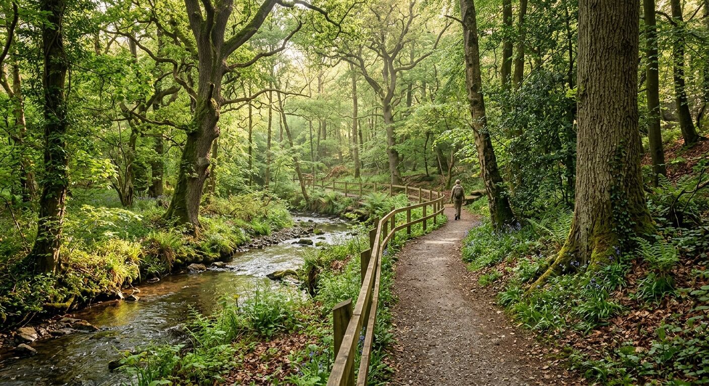 Picturesque woodland walking path near Telford