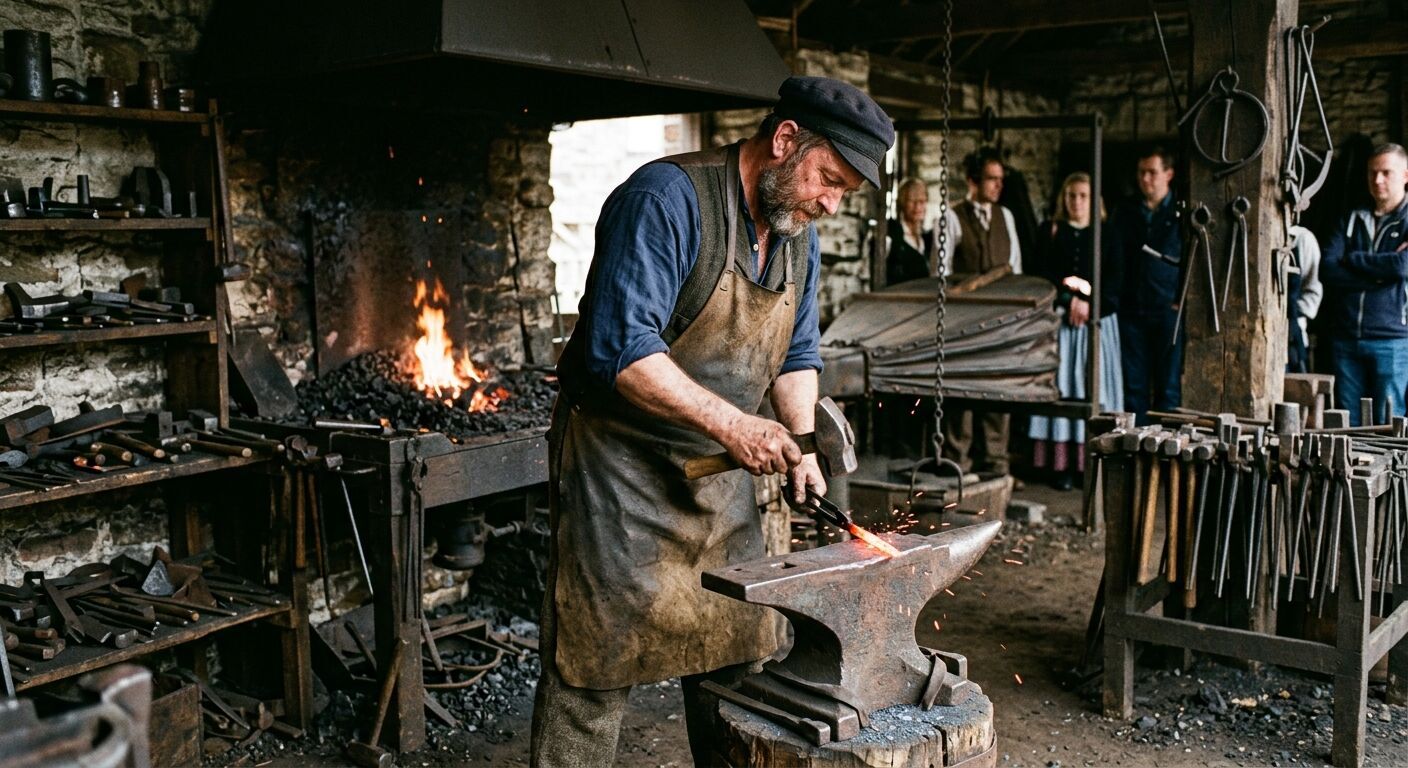 A detailed, candid shot capturing a traditional craftsperson demonstrating their skill at Blists Hill Victorian Town.