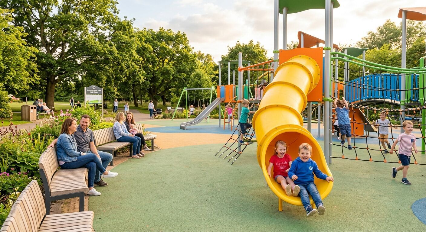 Children laughing and playing on modern equipment in Telford Town Park's vibrant playground area. Parents relaxing nearby on benches, warm afternoon sunlight, showcasing a joyous, active community space.