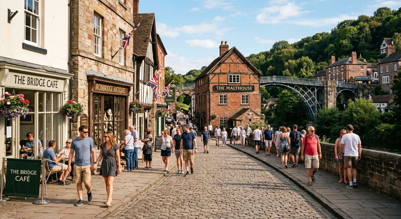 A bustling street scene in Ironbridge, with the Malthouse visible in the background, people strolling, historic charm, warm afternoon sun, naturalistic color palette, suitable for a travel blog.