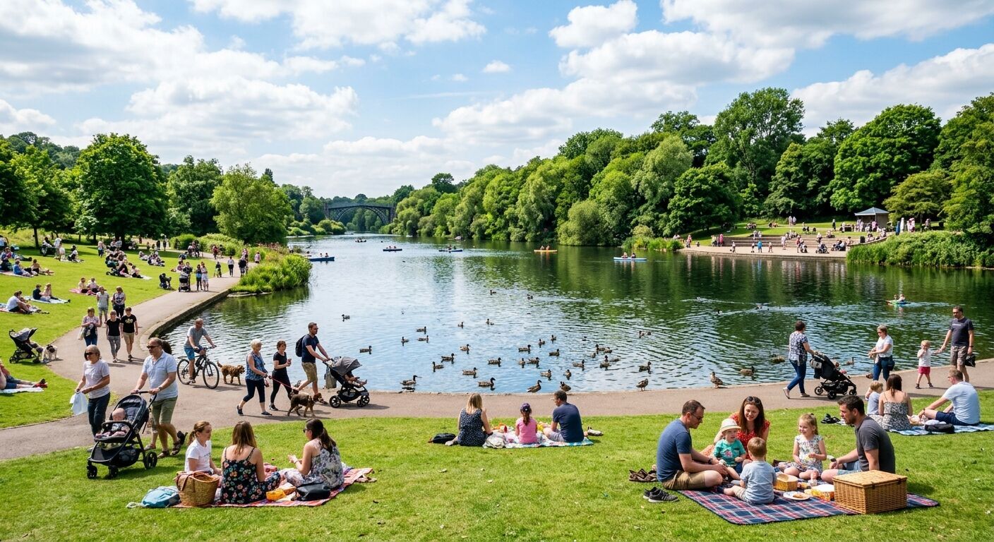 Vibrant scene at Telford Town Park's central lake; ducks glide across clear water with reflections of lush trees and a bright blue sky. Families enjoy picnics on manicured lawns, capturing community and recreation.