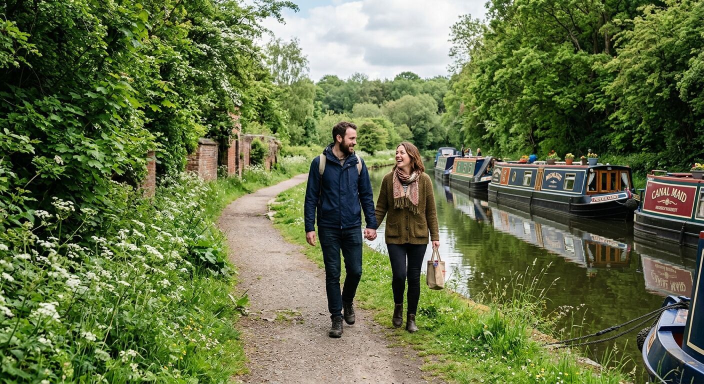 A couple walking hand-in-hand along the scenic Shropshire Union Canal towpath, surrounded by lush greenery and narrowboats, reflecting a peaceful outdoor day out in Telford.