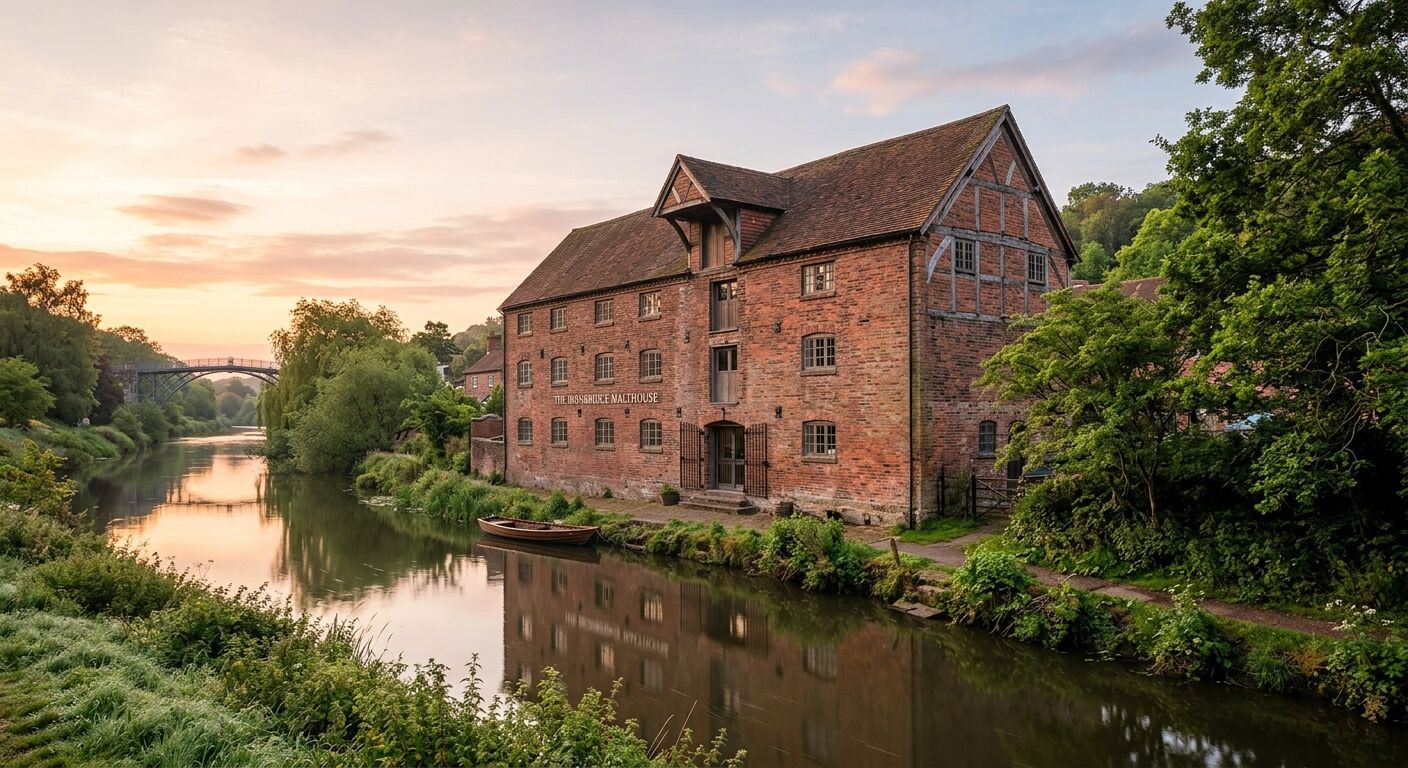 Exterior view of Ironbridge Malthouse at dawn, soft morning light illuminating its historic brickwork and surrounding greenery, tranquil atmosphere, professional architectural photography style, realistic textures.