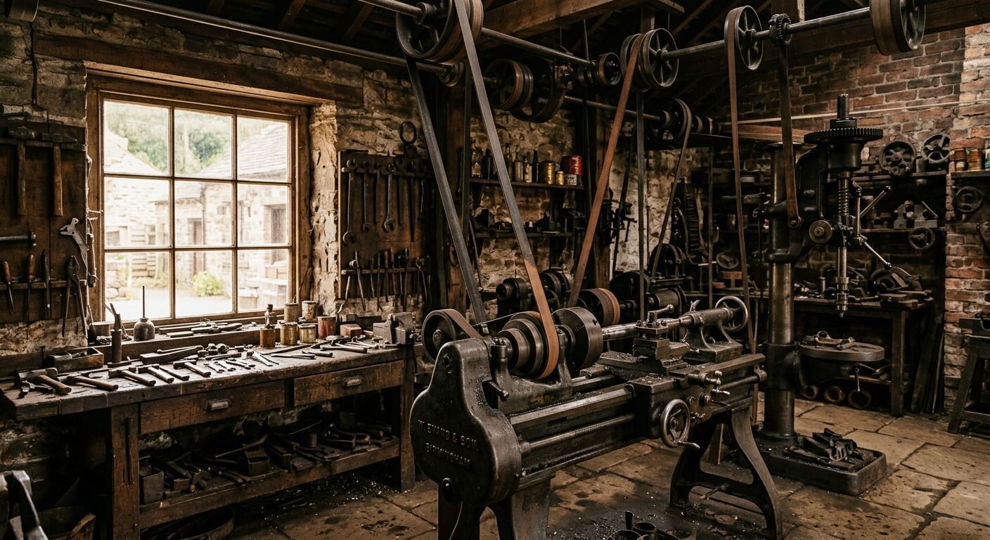A detailed, realistic photograph inside a preserved workshop at Blists Hill Victorian Town