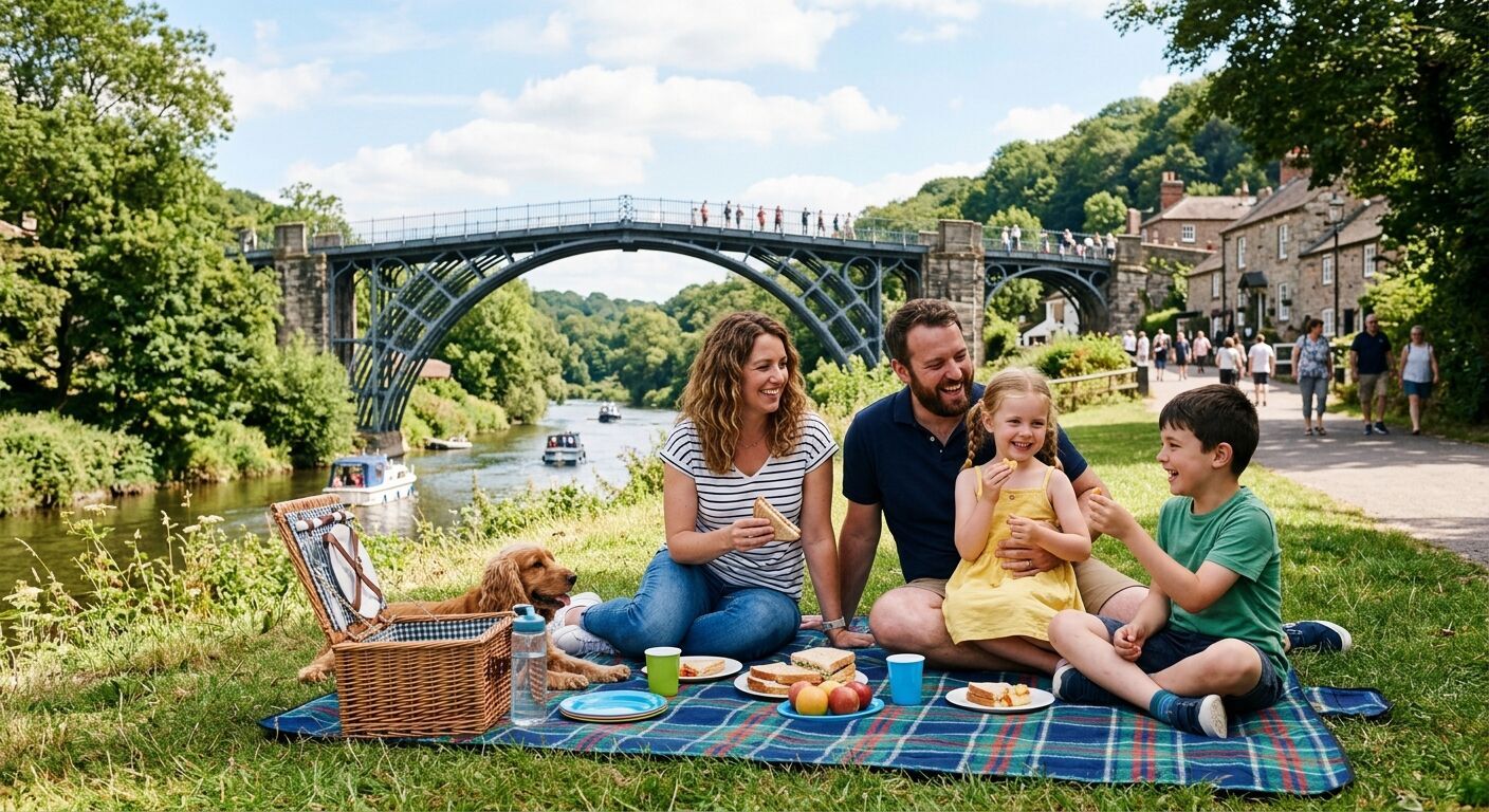 A family smiling, enjoying a picnic with the historic Iron Bridge in the background on a sunny day, showcasing Telford's blend of history and leisure.