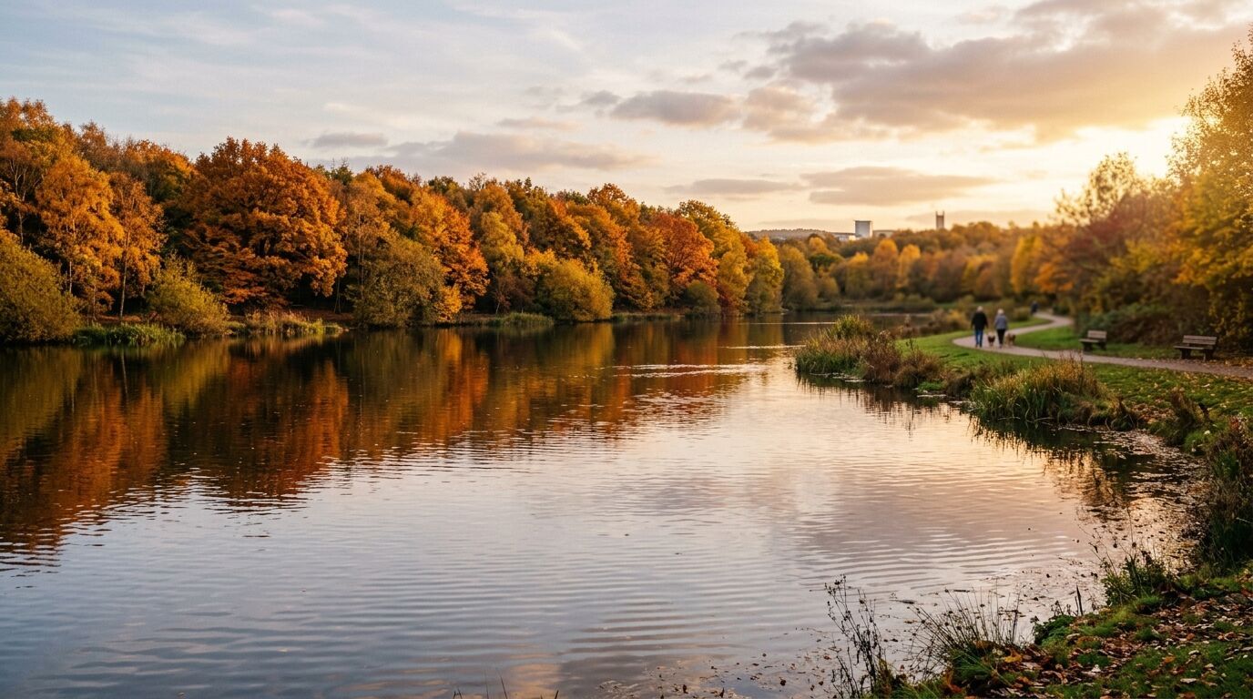 A wide-angle, golden hour shot of Telford Town Park's tranquil lake, reflecting vibrant autumnal trees. Gentle ripples disturb the surface, with a distant, blurred walking path and lush foliage providing depth. Realistic, professional.