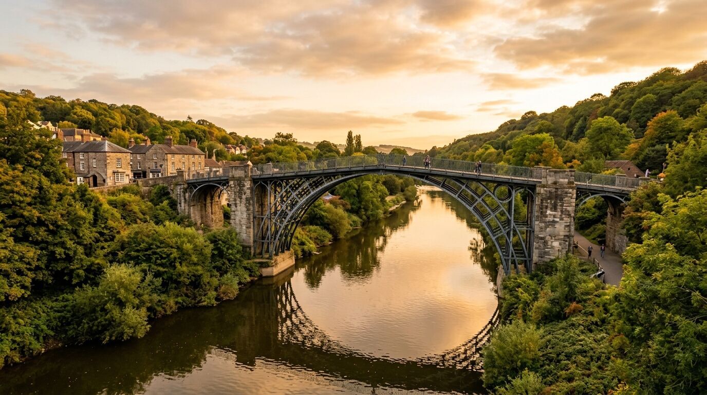 A wide-angle, professional photograph of the iconic Iron Bridge spanning the River Severn in Telford, bathed in soft golden hour light.