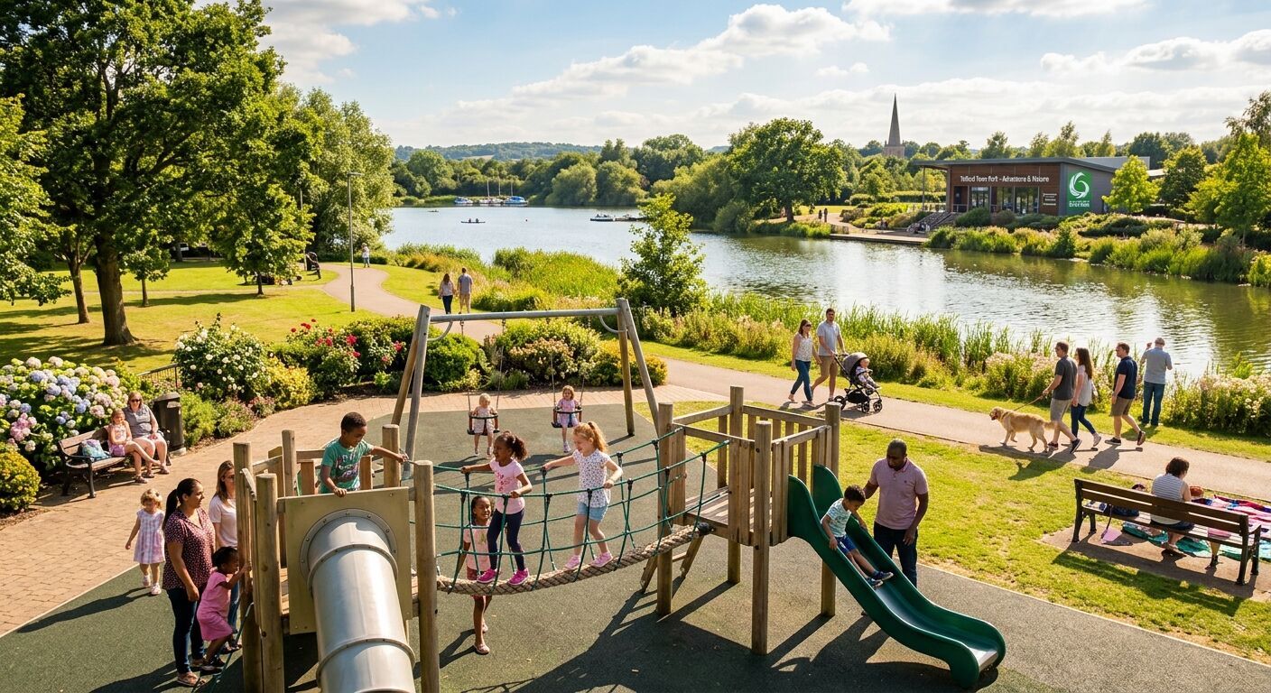 Families enjoying Telford Town Park with children playing near a playground and adults by a lake